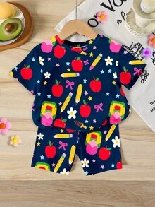 SHEIN Sparklyn Young Girl Pencil & Bow Print Short Sleeve T-Shirt And Shorts Casual Set - Multicolor - View 3