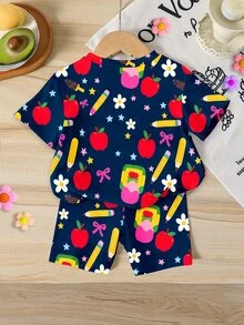 SHEIN Sparklyn Young Girl Pencil & Bow Print Short Sleeve T-Shirt And Shorts Casual Set - Multicolor - View 2