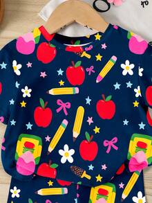 SHEIN Sparklyn Young Girl Pencil & Bow Print Short Sleeve T-Shirt And Shorts Casual Set - Multicolor - View 4