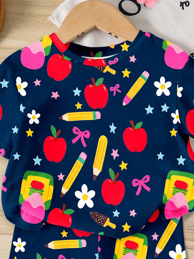 SHEIN Sparklyn Young Girl Pencil & Bow Print Short Sleeve T-Shirt And Shorts Casual Set - Multicolor - View 4