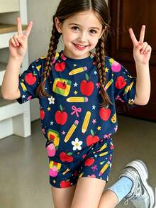 SHEIN Sparklyn Young Girl Pencil & Bow Print Short Sleeve T-Shirt And Shorts Casual Set - Multicolor - View 1