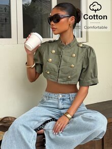 Muchica Women's Fashion Vintage Cropped Denim Jacket - Green - View 4