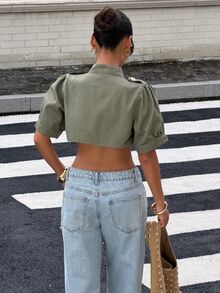 Muchica Women's Fashion Vintage Cropped Denim Jacket - Green - View 2