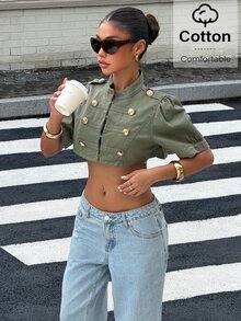 Muchica Women's Fashion Vintage Cropped Denim Jacket - Green - View 7
