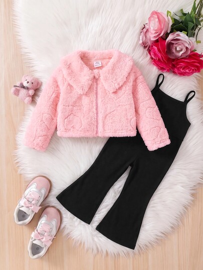 SHEIN Babygirl Cute Autumn/Winter Pink Fuzzy Jacket & Black Knitted Jumpsuit 2pcs Set