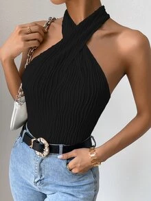 Chiquease Criss Cross Front Halter Top - Black - View 4