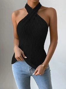 Chiquease Criss Cross Front Halter Top - Black - View 5