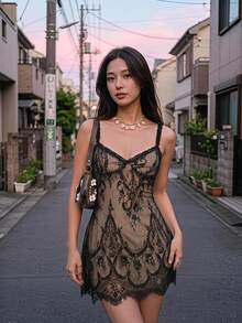 Skyraze Women's Summer Sexy Vacation Style Lace Waist-Cinching Cami Dress - Black - View 1