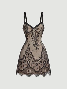 Skyraze Women's Summer Sexy Vacation Style Lace Waist-Cinching Cami Dress - Black - View 2