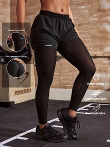 Powerista Women's Side Drawstring 2 In 1 Athletic Pants Breathable Mesh Inner Layer, Reflective Drawstring On The Sides, Breathable For Running Fitness Workout - Black - View 1