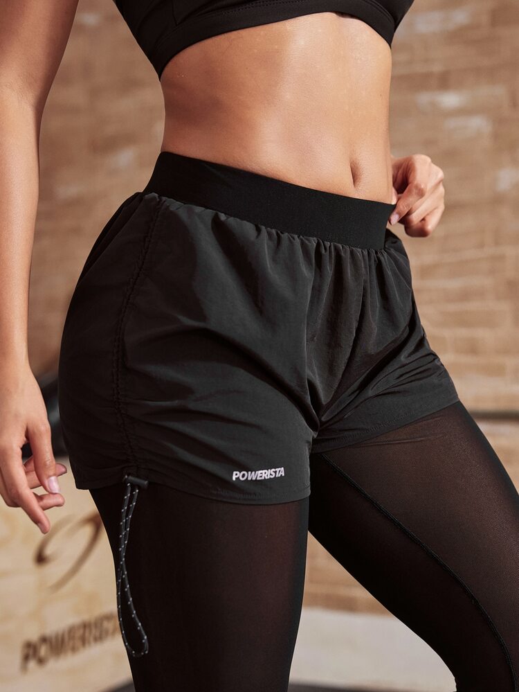 Powerista Women's Side Drawstring 2 In 1 Athletic Pants Breathable Mesh Inner Layer, Reflective Drawstring On The Sides, Breathable For Running Fitness Workout - Black - View 7