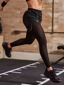 Powerista Women's Side Drawstring 2 In 1 Athletic Pants Breathable Mesh Inner Layer, Reflective Drawstring On The Sides, Breathable For Running Fitness Workout - Black - View 10