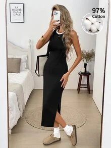 SHEIN LUNE 休閒女款秋冬棉針織收腰洋裝 - 黑與白 - 查看 1
