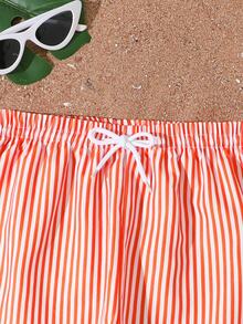 SHEIN Tween Boy Boy Red And White Striped Swim Trunks, Summer Casual Beach Shorts Essential For Pool Party, Holiday Swimwear - Red and White - View 4