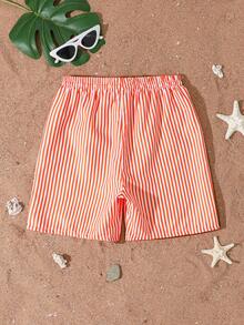 SHEIN Tween Boy Boy Red And White Striped Swim Trunks, Summer Casual Beach Shorts Essential For Pool Party, Holiday Swimwear - Red and White - View 2