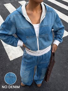 青少年女孩秋季返校服裝 藍色滿版印花 連帽拉鍊外套與鬆緊腰寬腿褲 2件套 - 彩色 - 查看 9
