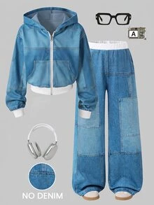 青少年女孩秋季返校服裝 藍色滿版印花 連帽拉鍊外套與鬆緊腰寬腿褲 2件套 - 彩色 - 查看 3