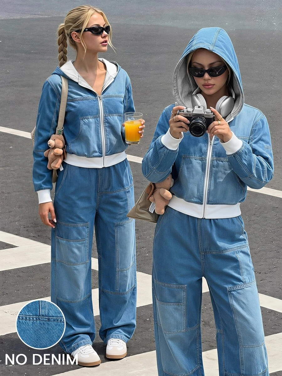 青少年女孩秋季返校服裝 藍色滿版印花 連帽拉鍊外套與鬆緊腰寬腿褲 2件套 - 彩色 - 查看 1