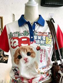 Lalippa 女款可愛貓咪印花短袖 Polo 衫，休閒簡約時尚上衣，寬鬆休閒 Polo 衫，白色夏季休閒款，送給朋友的禮物 - 彩色 - 查看 5