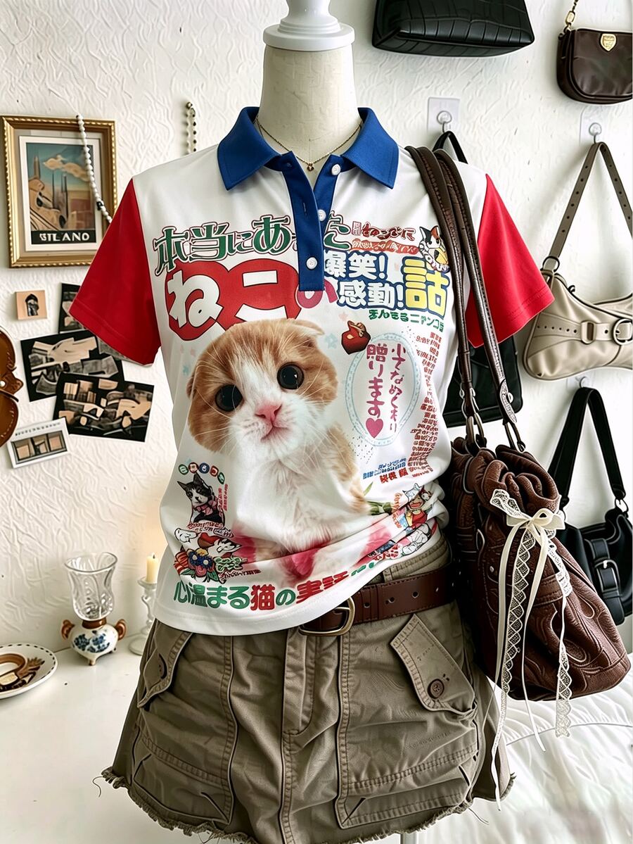 Lalippa 女款可愛貓咪印花短袖 Polo 衫,休閒簡約時尚上衣,寬鬆休閒 Polo 衫,白色夏季休閒款,送給朋友的禮物 - 彩色 - 查看 1