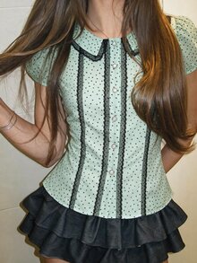 SuriyaCove Women's Summer Casual Polka Dot Print Puff Sleeve Top - Green - View 4