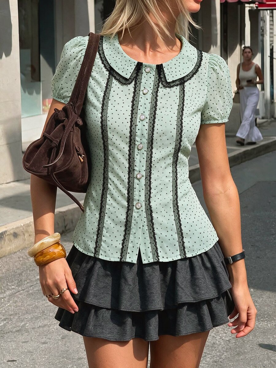 SuriyaCove Women's Summer Casual Polka Dot Print Puff Sleeve Top - Green - View 1