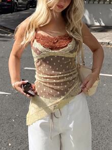 SuriyaCove Vintage Polka Dot Lace Patchwork Camisole - Apricot - View 5