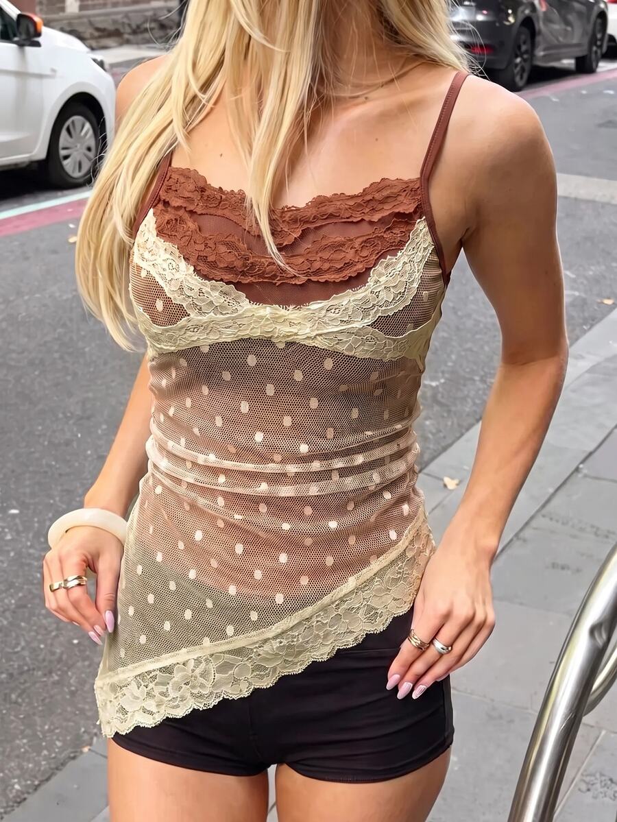SuriyaCove Vintage Polka Dot Lace Patchwork Camisole - Apricot - View 1