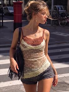 SuriyaCove Vintage Polka Dot Lace Patchwork Camisole - Apricot - View 2