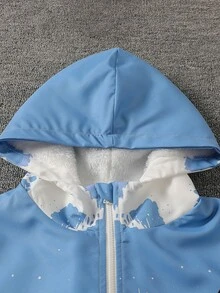 Tween Boy Autumn Blue And White Gradient Colorblock Streetwear Skater Ink Splatter Letter Print Hooded Zip-Up Jacket, Loose Straight Fit, School - Blue - View 4