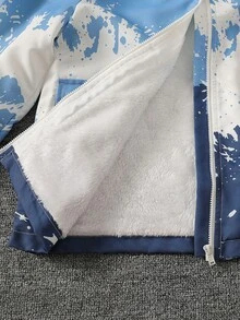 Tween Boy Autumn Blue And White Gradient Colorblock Streetwear Skater Ink Splatter Letter Print Hooded Zip-Up Jacket, Loose Straight Fit, School - Blue - View 6
