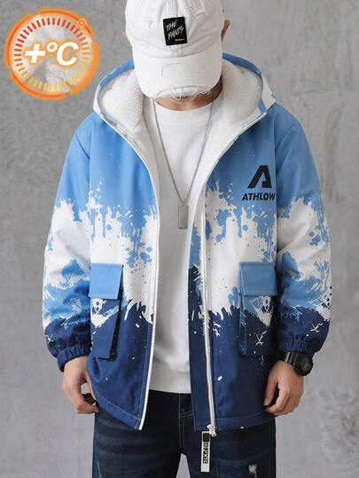 1pc Tween Boy Autumn Blue & White Gradient Colorblock Street Style Ink Splatter Letter Print Hooded Long Sleeve Double Pocket Zip-Up Jacket, Loose Straight Fit, Suitable For Outings, Sports, Campus Wear, Outdoor Travel, Street Photography, Fits 5-15°C
