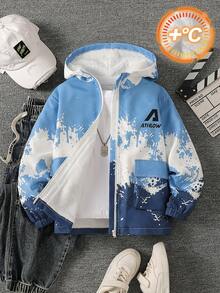 Tween Boy Autumn Blue And White Gradient Colorblock Streetwear Skater Ink Splatter Letter Print Hooded Zip-Up Jacket, Loose Straight Fit, School - Blue - View 3
