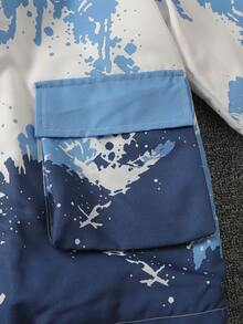 Tween Boy Autumn Blue And White Gradient Colorblock Streetwear Skater Ink Splatter Letter Print Hooded Zip-Up Jacket, Loose Straight Fit, School - Blue - View 8