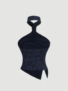 SHEIN MOD Women's Summer Fashion Striped Tie Front Slit Fitted Backless Halter Top - Navy Blue - View 5