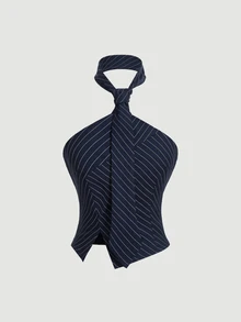 SHEIN MOD Women's Summer Fashion Striped Tie Front Slit Fitted Backless Halter Top - Navy Blue - View 4