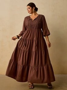 Travachic 大尺碼女款對比蕾絲喇叭袖優雅波西米亞復古連身裙 秋季 - 棕色 - 查看 8