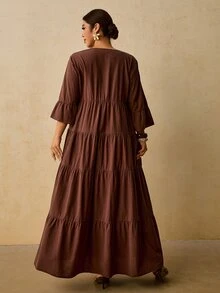 Travachic 大尺碼女款對比蕾絲喇叭袖優雅波西米亞復古連身裙 秋季 - 棕色 - 查看 2