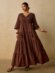 Travachic 大尺碼女款對比蕾絲喇叭袖優雅波西米亞復古連身裙 秋季 - 棕色 - 查看 3