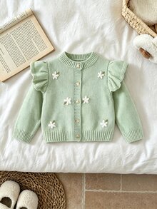 SHEIN 女嬰圓領針織開襟毛衣，綠色手工刺繡，重工精緻卡通可愛荷葉袖，淑女風，簡約百搭，舒適柔軟甜美優雅獨特，適合日常穿著、外出、旅行、上學、秋冬、派對、戶外玩耍、野餐 - 綠色 - 查看 6