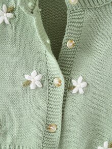 SHEIN 女嬰圓領針織開襟毛衣，綠色手工刺繡，重工精緻卡通可愛荷葉袖，淑女風，簡約百搭，舒適柔軟甜美優雅獨特，適合日常穿著、外出、旅行、上學、秋冬、派對、戶外玩耍、野餐 - 綠色 - 查看 7