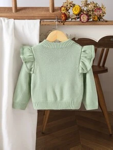 SHEIN 女嬰圓領針織開襟毛衣，綠色手工刺繡，重工精緻卡通可愛荷葉袖，淑女風，簡約百搭，舒適柔軟甜美優雅獨特，適合日常穿著、外出、旅行、上學、秋冬、派對、戶外玩耍、野餐 - 綠色 - 查看 2
