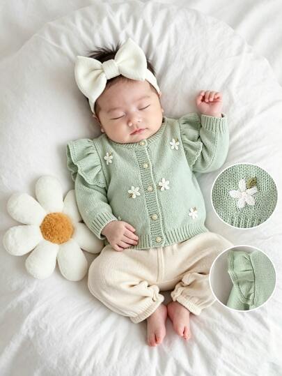 SHEIN Baby Girls Cardigans, Round Neck Knitted Cardigan, Green Hand-Embroidered Sweater, Heavy Workmanship, Exquisite Cartoon Cute Flutter Sleeve, Lady Style, Simple Basic Versatile, Comfortable Soft Sweet Elegant Unique, Suitable For Daily Wear, Home, Outings, Travel, School, Autumn/Winter, Parties, Outdoor Play, Picnic