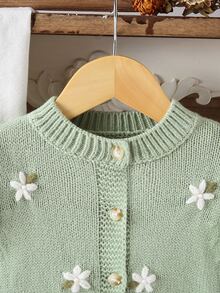 SHEIN 女嬰圓領針織開襟毛衣，綠色手工刺繡，重工精緻卡通可愛荷葉袖，淑女風，簡約百搭，舒適柔軟甜美優雅獨特，適合日常穿著、外出、旅行、上學、秋冬、派對、戶外玩耍、野餐 - 綠色 - 查看 5