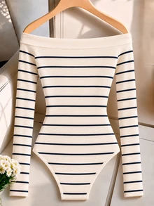 Rafferiza Women's Striped Off-Shoulder Long Sleeve Fashion Bodysuit - Multicolor - View 2
