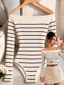 Rafferiza Women's Striped Off-Shoulder Long Sleeve Fashion Bodysuit - Multicolor - View 1