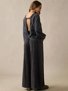 Boho Mama Maternity Solid Color Long Sleeve Top And Pants Casual Daily 2 Pieces Set Fall Country Concert Cute Chic Going Out - Black - View 4