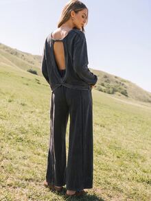 Boho Mama Maternity Solid Color Long Sleeve Top And Pants Casual Daily 2 Pieces Set Fall Country Concert Cute Chic Going Out - Black - View 2