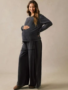 Boho Mama Maternity Solid Color Long Sleeve Top And Pants Casual Daily 2 Pieces Set Fall Country Concert Cute Chic Going Out - Black - View 5
