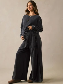 Boho Mama Maternity Solid Color Long Sleeve Top And Pants Casual Daily 2 Pieces Set Fall Country Concert Cute Chic Going Out - Black - View 7